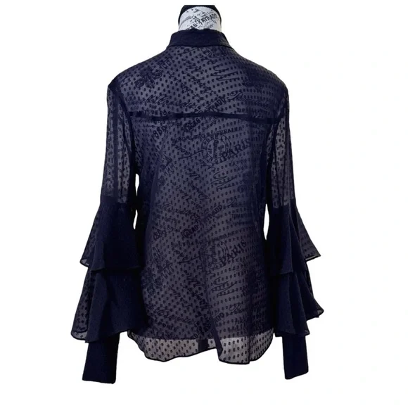 Olivia Palermo x Chelsea Blouse w/ Bell Sleeves & Mandarin Collar. Navy. Medium - Picture 7 of 12